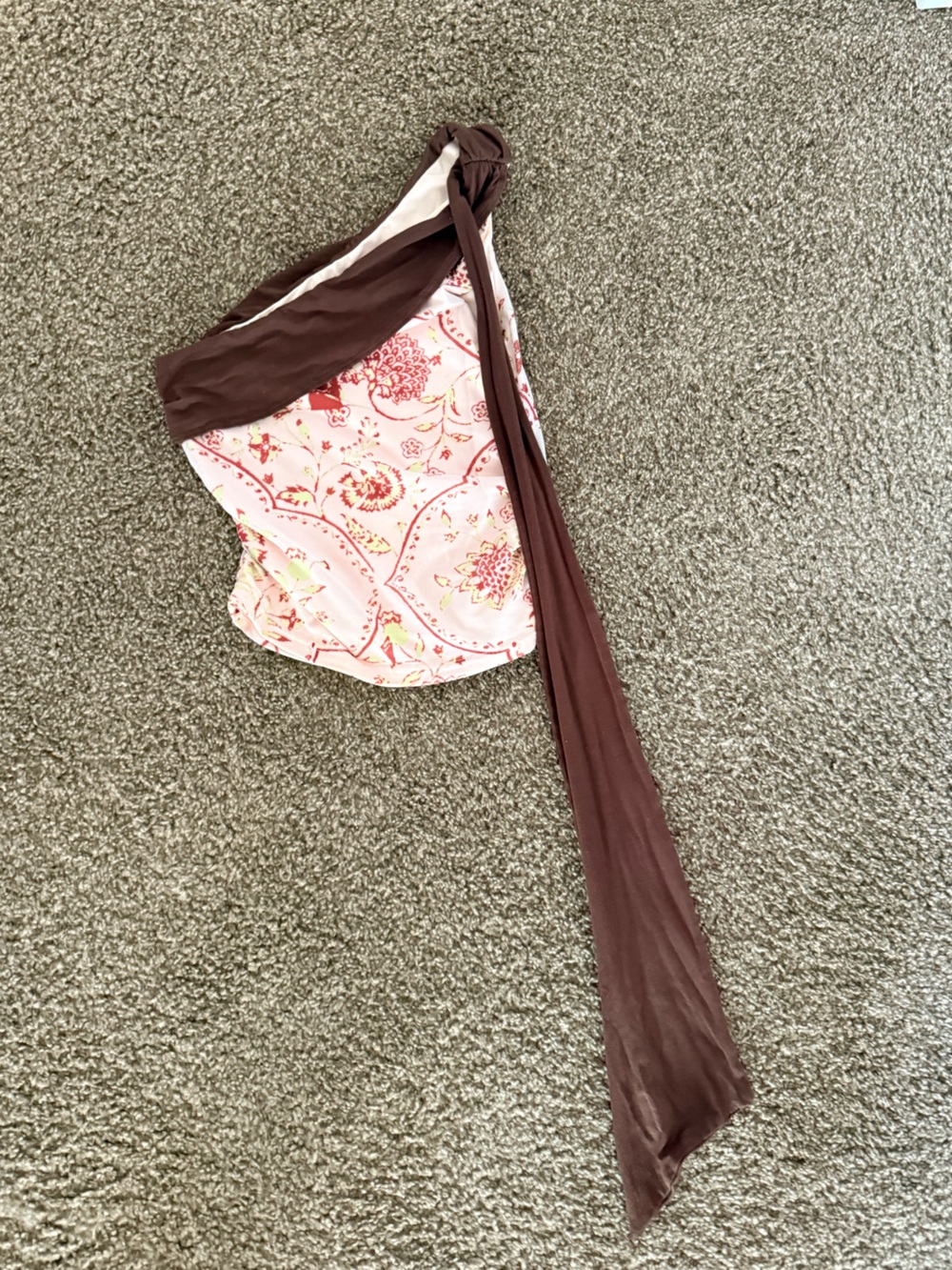 Tiger Mist Pink Paisley One-Shoulder Top with Brown Sash